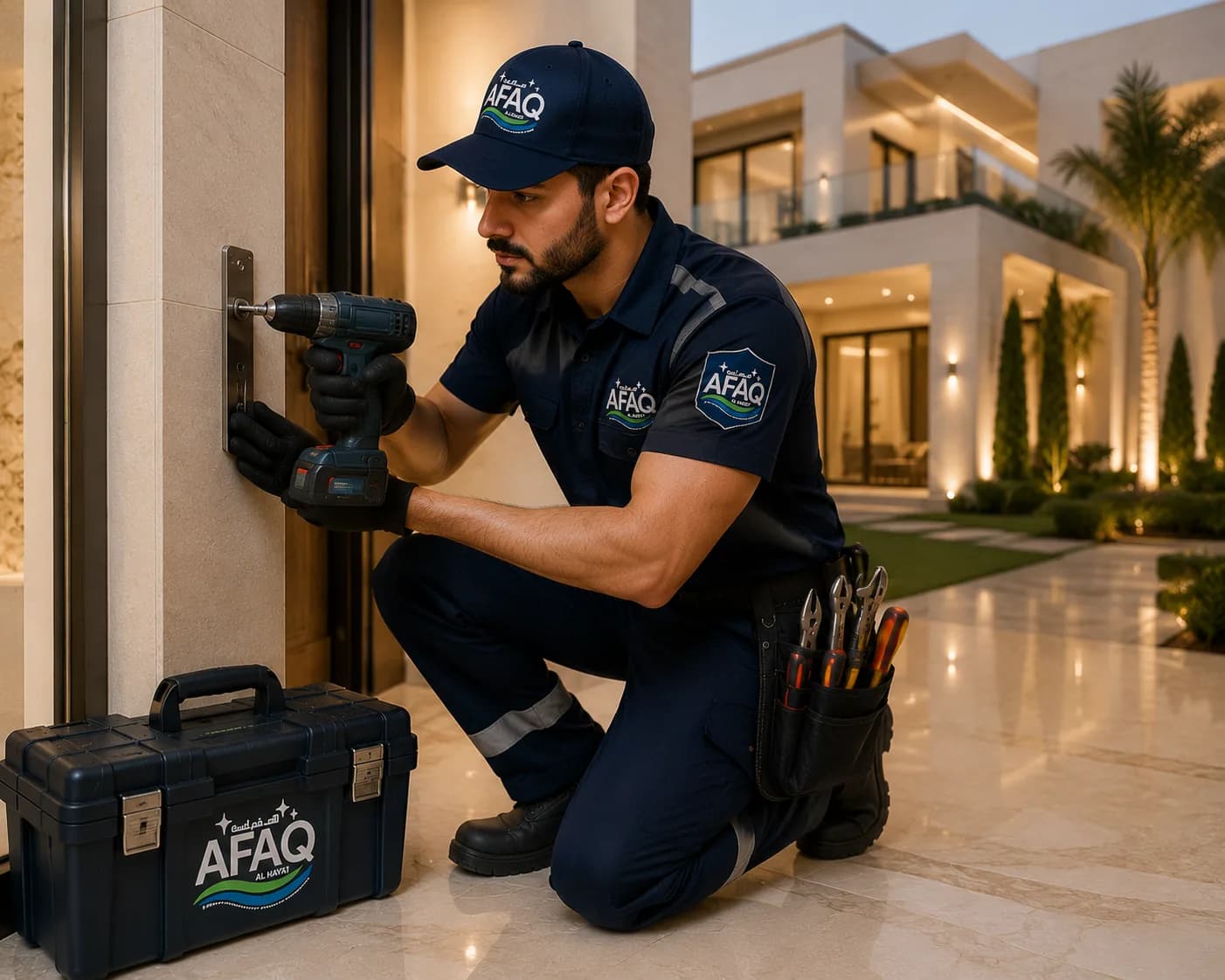 AFAQ AL HAYAT handyman repairing a door lock at a villa entrance
