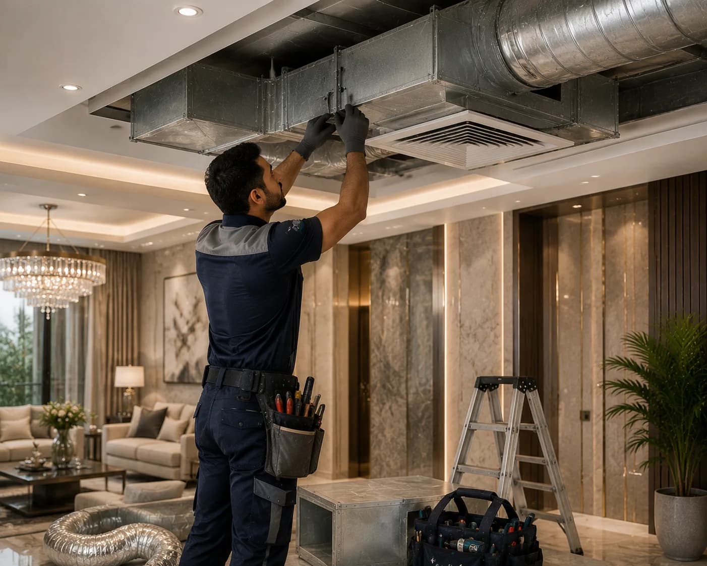 AFAQ AL HAYAT technician inspecting a central ducted AC system